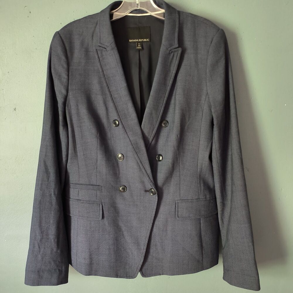 Banana Republic Blazer Womens Size 10 TALL Blue Wool Spandex Double Breasted